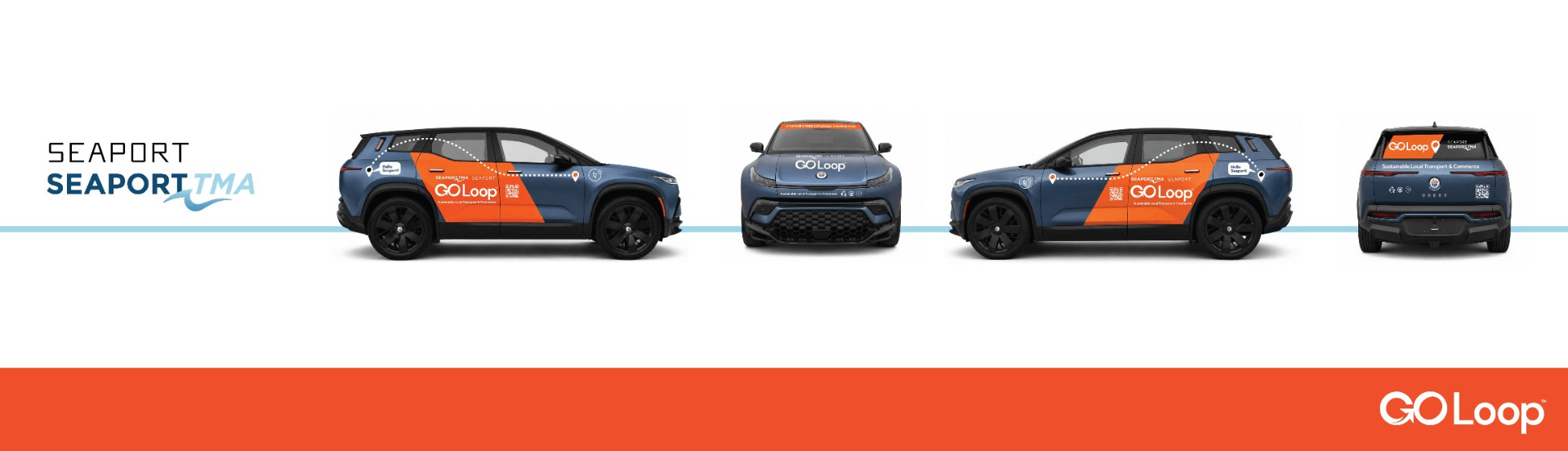 GO Loop wrapped Fisker Ocean fleet — side, front, and rear views